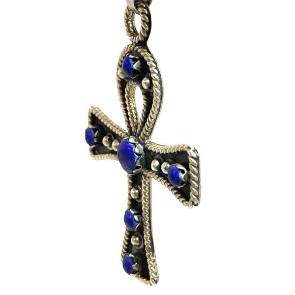 Taxco MX Silver Ankh Necklace Lapis Lazuli Cross Pendant Collar Egyptian 925 - Picture 11 of 16